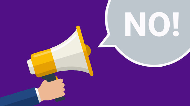 Megaphone with 'NO!' in speech bubble, flat design vector illustration