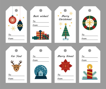 Set of christmas gift tags with flat cute illustrations and spaces for names
