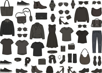 Naklejka premium A collection of various black fashion items including clothing accessories and footwear.