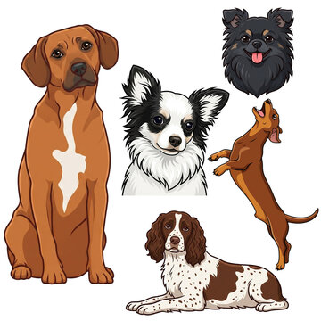 Cute cartoon dogs set of vector illustrations, various purebred and mixed-breed dogs with playful and happy expressions collection