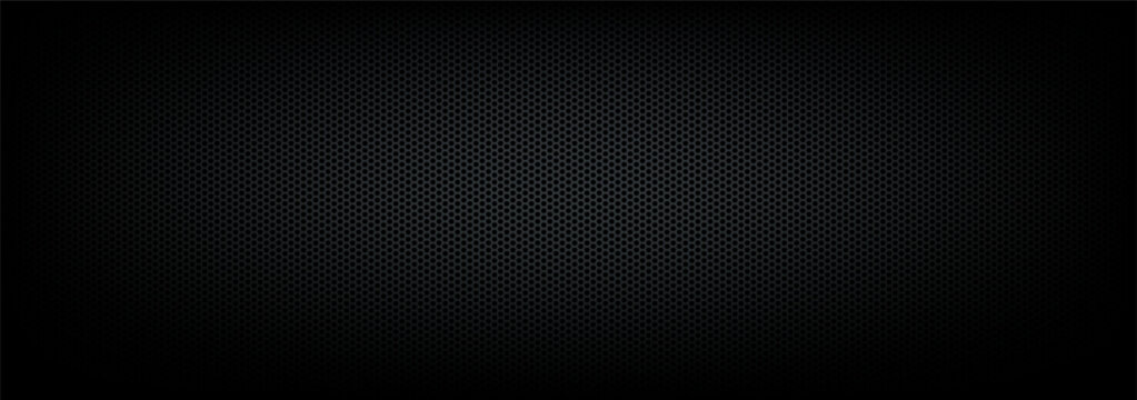 Dark perforated metal texture background vector mesh with vignette shadow and circular hole speaker grill pattern for modern audio technology UI design screen