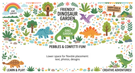 Cute dinosaur garden template illustration featuring friendly dinosaurs, plants, flowers, pebbles, and flexible lower copy space. © Regina