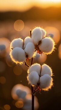 video of mature cotton bolls on a stem glowing in the radiant orange light of a setting sun, focusing on the intricate soft textures and fibrous detail of the white cotton flowers