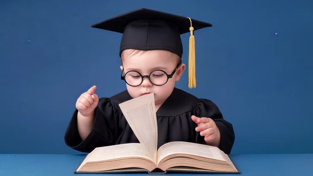 Toddler in graduation gown and mortarboard reading book. Little child wearing round glasses studying at desk. Lockdown medium shot.