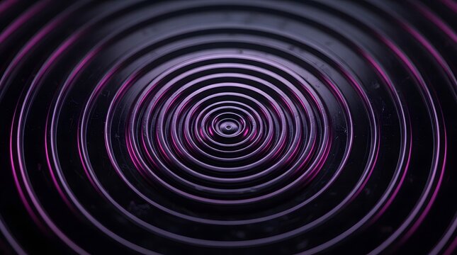 Concentric circular grooves on a dark glossy metallic surface with vibrant purple light reflections with reflections highlight textures grooves etched