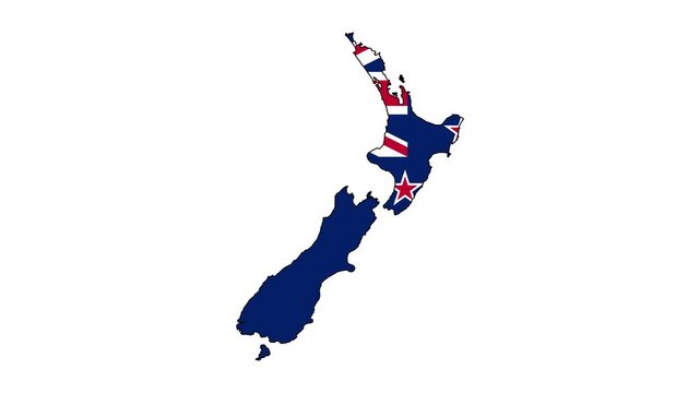 New Zealand Map Outline Country Border on white.  Flag of  New Zealand. Animated Video. 4k Resolution.
