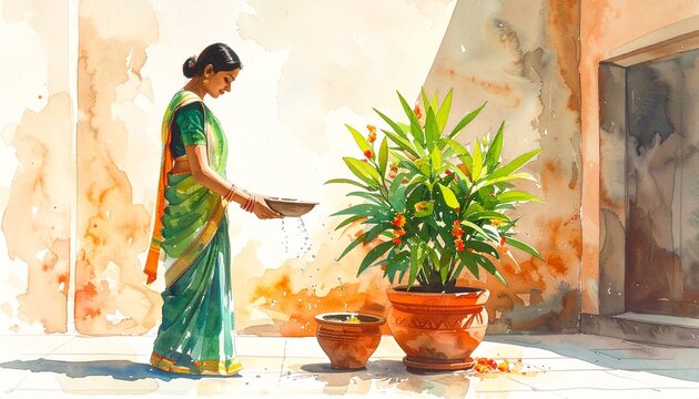 Indian woman in saree watering sacred Tulsi plant for Ashadhi Ekadashi religious ritual