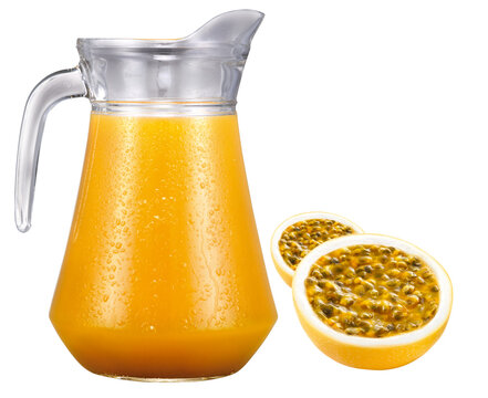 Glass pitcher of chilled passion fruit juice and fresh cut fruit, isolated on a transparent background.