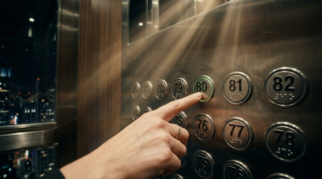 Guiding the Urban Ascent A Hand's Intentional Press on an Illuminated Elevator Button, Symbolizing Choices and the Path Towards Future Floors and New Opportunities