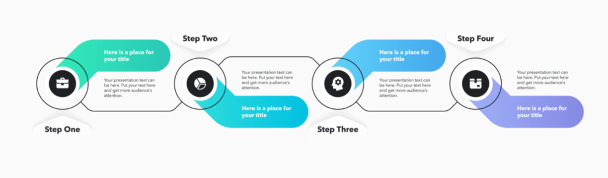 Horizontal process flow diagram with four colorful steps. Circular infographic design with icons and thin lines for workflow layout, banner or web design.