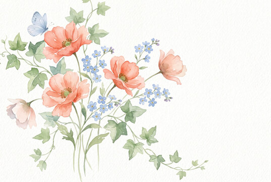 Watercolor floral bouquet with coral poppies and a blue butterfly. Botanical illustration of spring flowers and ivy leaves on a white background. Copy space for text