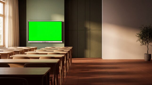 Educational space design, a sophisticated modern classroom with neatly arranged wooden desks and a digital whiteboard