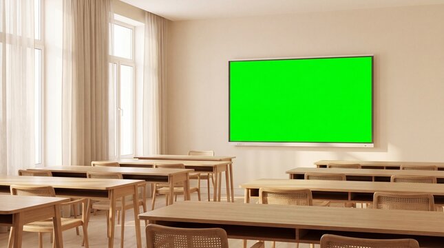 Educational environment design, an inviting modern classroom features neat wooden desks and a smart whiteboard
