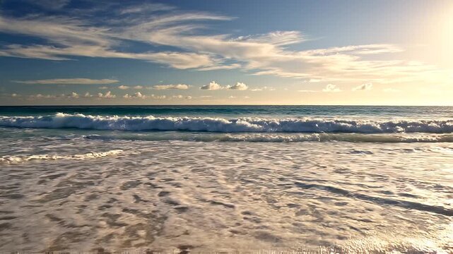 Ocean waves crashing on a white sand beach under a blue sky