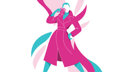 Fototapeta premium Stylish fashion model wearing a vibrant magenta coat in an elegant pose against a clean white minimalist background.