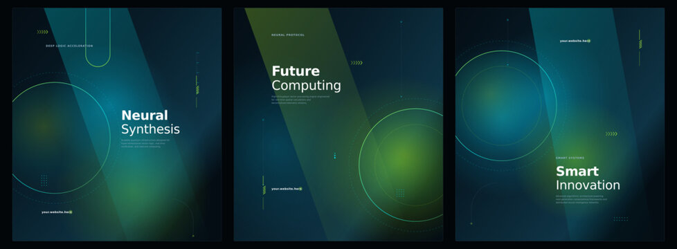 hi-tech posters Set with neural synthesis future computing smart innovation with set three dark blue technology abstract graphic design with poster