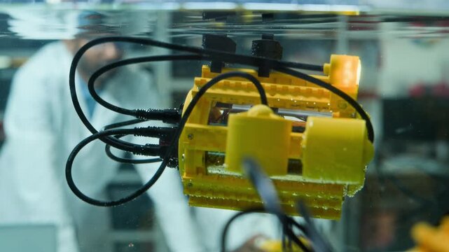 Indian man and African American woman scientists testing yellow underwater robot in water tank. Footage is ideal for promoting STEM education and marine technology