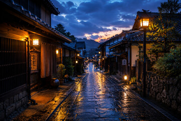 Fototapeta premium Traditional Japanese Street at Blue Hour After Rain