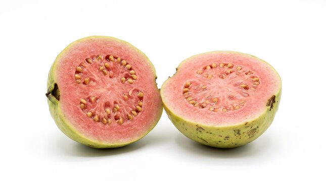 Fresh pink guava fruit sliced in half on white background.