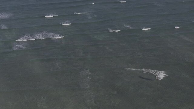 Aerial drone view of kite surfers riding the waves at My Hoa Beach in Vinh Hai, Khanh Hoa, Vietnam, showcasing a spectacular coastal landscape under bright sunlight. 