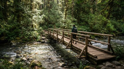 Fototapeta premium Person walking across wooden bridge in lush green forest with stream.
