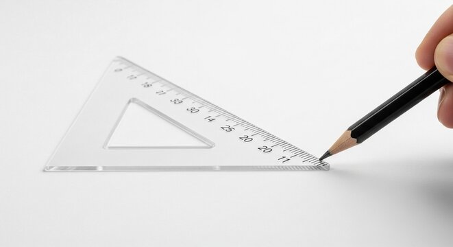 Clear plastic triangle ruler and pencil drawing a precise line on white surface