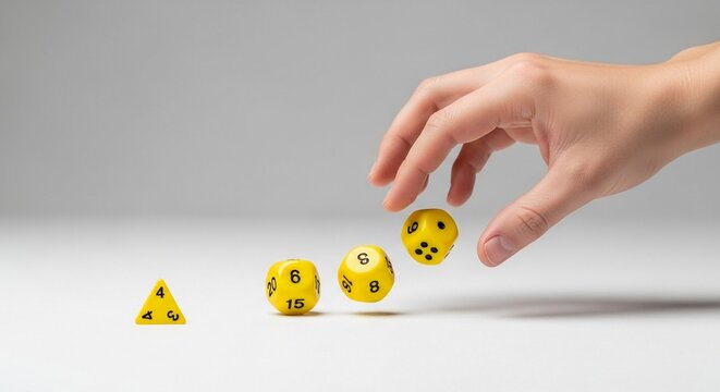 Hand Rolling Bright Yellow Polyhedral Dice on a White Surface for Gaming and Probability Education