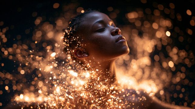 Serene Woman Surrounded by Glowing Golden Light Particles