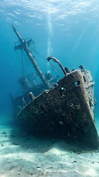Sunken shipwreck resting on sandy ocean floor. Underwater exploration of abandoned vessel with rising air bubbles. Lockdown wide shot.