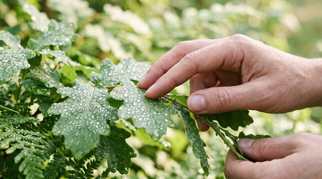 Hands Gently Touching Wet Leaves in a Natural Setting