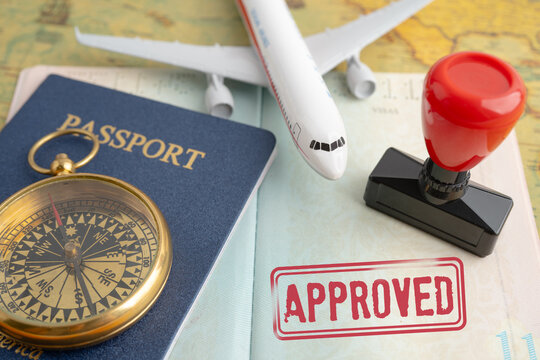Approved Stamp visa and passport document to immigration at airport in country.