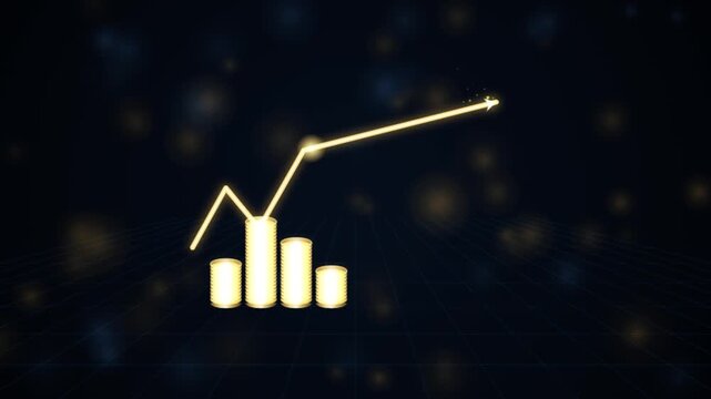 Golden financial growth chart with rising arrow, business success and profit concept, digital market analysis animation