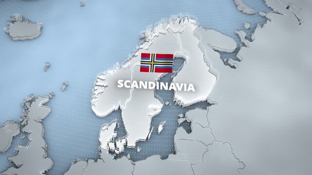 Clean 3d relief map animation of Scandinavia, Northern Europe, featuring a layered geographic highlight, a stylized regional flag, and text typography for a widescreen presentation background.
