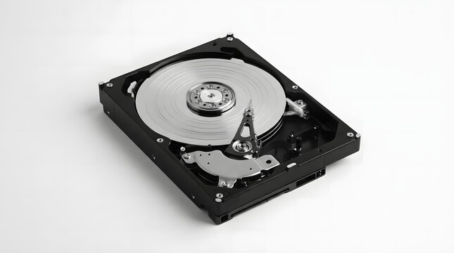 An open hard disk drive with internal magnetic platters and read head on white background with reveals internal shiny assembly resting clean electronics