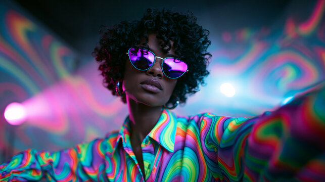 Stylish Woman Wearing Sunglasses Under Colorful Psychedelic Neon Lights