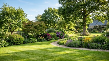 Obraz premium Tranquil Sunlit Lawn with Vibrant Garden Shrubs and Trees sunlit garden green lawn blooming shrubs garden landscape peaceful yard backyard view serene garden vibrant greenery dappled shadows garden