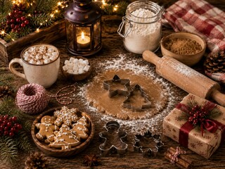 Fototapeta premium Festive holiday baking with gingerbread dough, cookie cutters, and hot cocoa on a rustic table.
