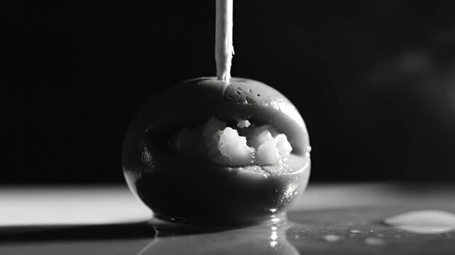 Black and white close up video of a pitted olive with a toothpick in it and dripping liquid