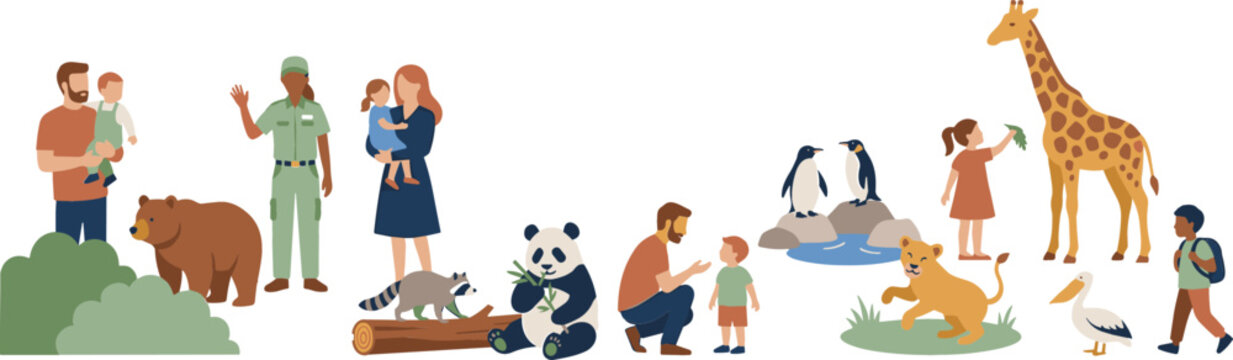 People and family visiting safari zoo park vector illustration collection featuring children feeding a giraffe, watching pandas, penguins, lions, bears, and raccoon animals.