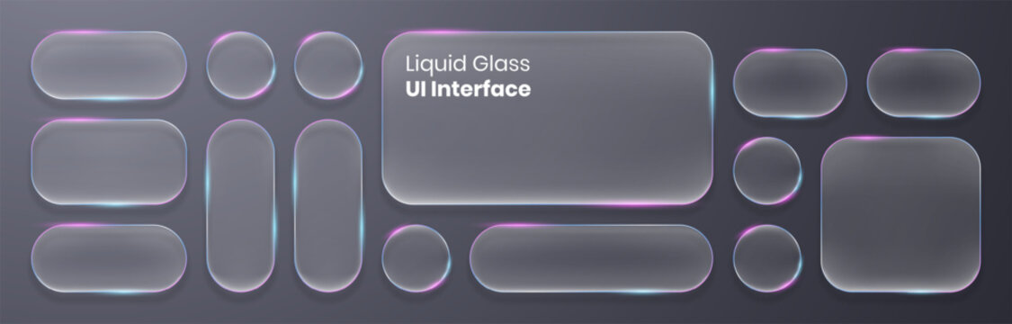 Liquid glass frame buttons with transparent holographic and 3D translucent. Neon glowing effect and highlight click elements for mobile application user interface frosted blur buttons
