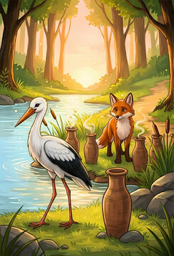 Stork and red fox standing by a tranquil river in a sunlit forest clearing with wildlife feathers sunlight