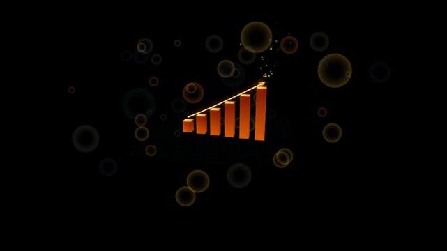 3 d financial growth bar chart with rising arrow and bokeh particles for business success and economic analysis