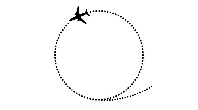 Black silhouette of an airplane flying in a circular loop leaving a dotted trail with white background dotted flight path trajectory pattern against plain