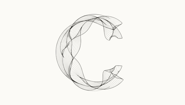 Elegant abstract thin line wireframe sculpture representing the letter C in three dimensions on white background.
