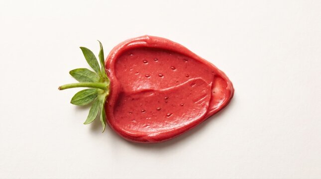 A bright red strawberry-shaped beauty cream swatch with green leaves on white. This natural cosmetic product promotes wellness and healthy skincare routines.