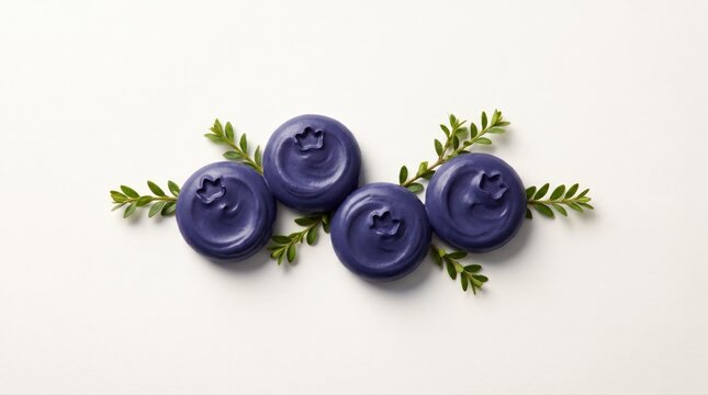 Stylized blueberry-themed beauty products with natural green leaves on a pristine white surface. This highlights natural ingredient trends and sustainable beauty routines.