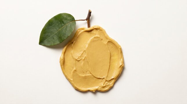 A thick, natural pear-shaped beauty cream is artfully spread with a fresh green leaf, promoting sustainable skincare and wellness.