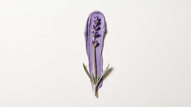 Lavender flower on a smooth purple cosmetic cream smear, representing natural beauty and botanical skincare. Emphasizing organic ingredients for holistic wellness.