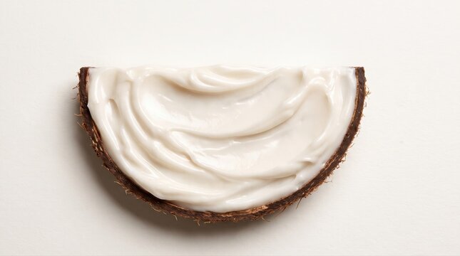 Whipped coconut cream in a natural shell emphasizes organic skincare. This beauty product highlights pure, sustainable ingredients for wellness.