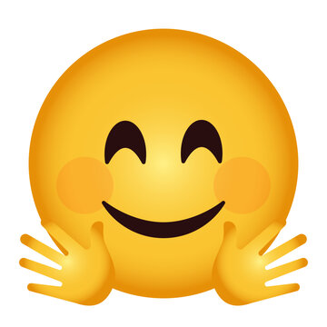 Hugging face emoji with smiling eyes, rosy blushing cheeks, and open hands offering a hug, yellow round emoticon expressing warmth, affection, a virtual hug, care, or appreciation. vector emojis